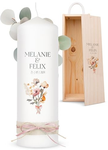 AMARI ® Hochzeitskerze Personalisiert Blumenstrauß 25/8 cm - Traukerze mit Namen und Datum für Standesamt und Hochzeit