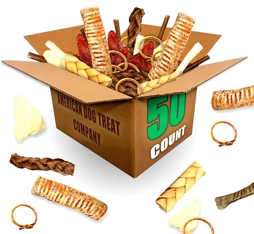 American Dog Treat Company 50-Piece Premium Dog Chew Assortment - Natural & Long-Lasting Treats | Includes Beef Ears, Bully Sticks, Collagen Sticks, Trachea Bones & More