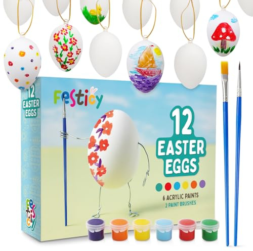 Festicy huevos de Pascua de plástico para pintar, 12 huevos de Pascua de plástico blanco para colgar con cinta dorada, incl. 6 colores acrílicos y 2 pinceles para regalos de Pascua para niños
