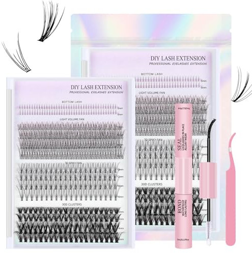 Ciuffetti Ciglia Finte Kit 400 ciuffi, 4 stili Kit di extension per ciglia, 5-16mm Lash Clusters con Bond e pinzette, Lashes Kit per Uso Personale a Casa