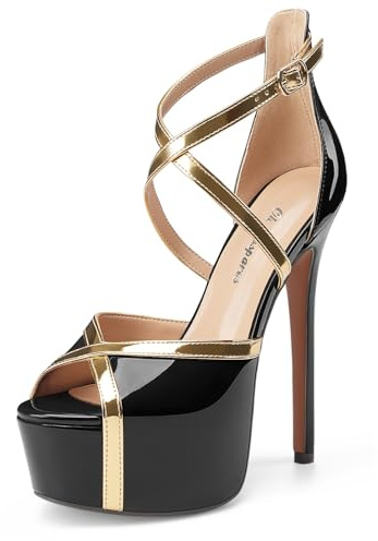 Oh Mispares Stiletto High Heel Sandals Platform Peep Toe Gold Crisscross Strappy Buckle Comfy 6 inch Heeled Pumps Shoes for Women Dressy, Black, 4.5 UK