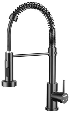 Cobbe Black Kitchen Tap, Spring Kitchen Sink Mixer Taps with Pull Out Spray, Commercial Faucet Single Handle Lever, High Arc Swivel 360 with 2 Spray Mode Cold and hot Fittings UK Standard