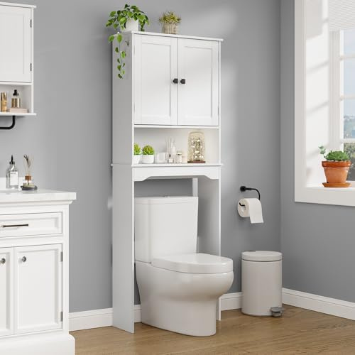 RRX Over The Toilet Storage Cabinet,Bathroom Above Toilet Cabinets Organizer, 24.8 L x 9.1 W x 65.7 H Free Standing Toilet Rack with Adjustable Shelf and Open Storage,Double Doors(Pure White)