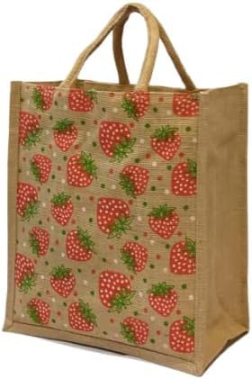 Strawberry Design Zippable Jute Bag Medium Size Luxury Reusable PACK OF 2