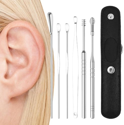 Kit De Limpiador De Cabina De Acero Inoxidable - Herramientas De Quiebre, Set De Cureta De Cera | Herramienta De Cuidado De La Oreja De 6 Piezas Portátil Con Bolsa PU Para Rutina De Limpieza Personal,