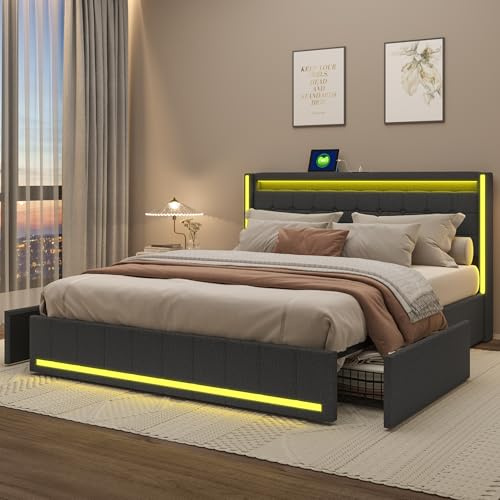 Dubbelsäng 180 x 200 cm, klädselsäng, 4 lådor, säng med LED-belysning och USB-laddningsfunktion, lådsäng, sängram med ribbotten, linnetyg, mörkgrå, utan madrass (mörkgrå, 180 x 200)