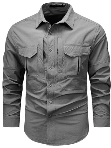 Modeewel Camisa de hombre de manga larga Safari Upf50 camisa de piloto transpirable camisa de caza senderismo camisa de trabajo UV camisa de pescador protección de secado rápido camisas tácticas