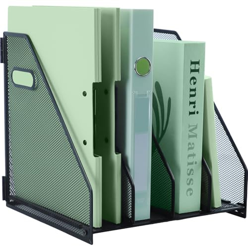 IOUGDSEC Soporte de metal para archivador de escritorio con 4 compartimentos verticales, soporte para documentos A4 con asa, estante de archivos de escritorio duradero de malla para oficina, escuela y