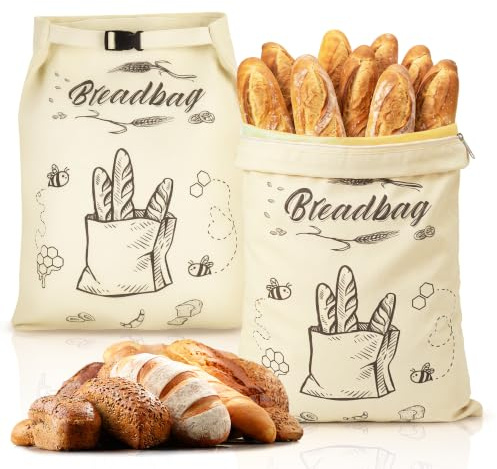 2 Sac a Pain en Cire d Abeille Francais, Sac Réutilisable 42.5×35cm | Grand Sacs à Pain en Cire d’Abeille avec Éclair et Agrafe, Lavable pour le pain Fait Maison et les Produits de Boulangerie
