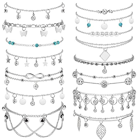 Dochais 15-24 Stück Glänzende Silber Fußkettchen mit Strass Wasserdicht Boho Verstellbare Sommer Fußkettchen Damen Fußkette Vintage Perlen Fussketten, 21cm (15 Stück, A)