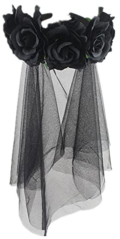 Cerchietto da donna con corona floreale rosa con velo Halloween fascia Giorno dei morti Messico acconciatura da sposa fantasma gotico ghirlanda di fiori vintage accessori di Halloween costume