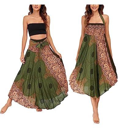 JENJON Femme Robe Imprimé Fleurie Ete Boheme Jupe Style Ethnique 2 en 1 sans Manche Plage Strap Wrap Taille Unique