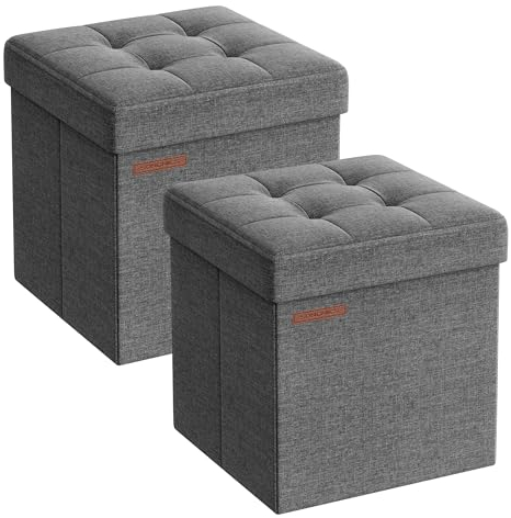 SONGMICS Storage Ottoman, Set of 2, Storage Bench, Footrest, Bed End Stool, for Living Room, Bedroom, 30 x 30 x 30 cm, Dark Grey LSF028G41