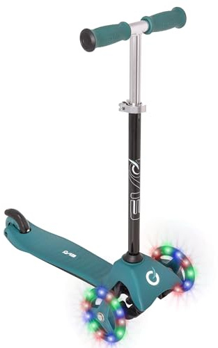 Evo Mini Cruiser Türkis & Schwarz Kinderroller mit Leuchträdern | Grüner Roller mit höhenverstellbaren Griffen | Balance 3-Rad Roller für Kinder | Scooter für Kinder von 2-7 Jahren.