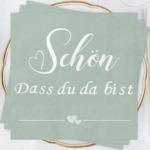 Wentsent Servietten 'Schön Dass Du Da Bist' Mit Herz, 40 Stück Eukalyptus Grün und Salbeigrün, Party Tischdeko für Hochzeit, Taufe, Geburtstag, Konfirmation, Kommunion, Baby Shower