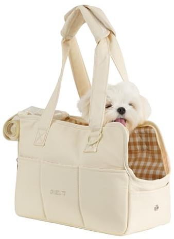 ONECUTE Sac de Transport pour Chat Chien Chiot Respirant et Pliable Sac de Voyage Sac à Bandoulière Sac à Main Chien pour Petit Animaux Capacité de Charge Jusqu'à 7.5 kg (Moyen, Beige)