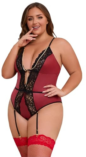 ohmydear Women's Faux Leather Lingerie Suspenders Set Sexy Plus Size Red Wet Look Teddy Bodysuit Detachable Garter Belt Deep V-Neck Clubbing Outfits, XL-XXL