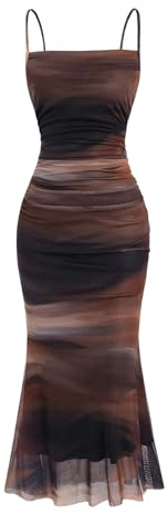 GORGLITTER Women's Tie Dye Ruched Fishtail Maxi Dress Ombre Mesh Party Ruffle Cami Dresses Brown M