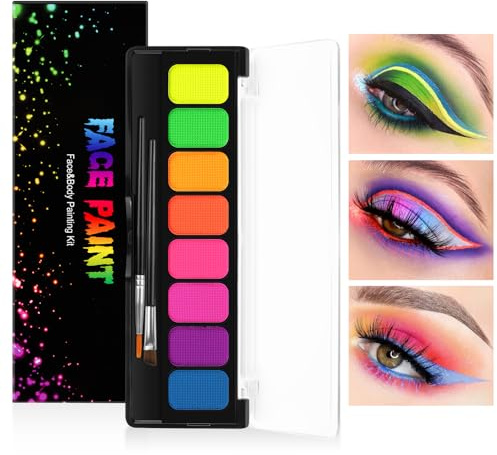 LOPHE Neon UV Schminke Set, 8 Farben Neon Face Paint für Theaterschminke, Face Paint Wasserbasis mit Bürste, Eyeliner Palette für Halloween Karneval