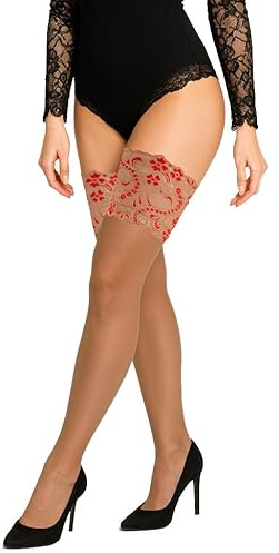 JUST BEAUTY TOUCH Deep Lace Top Contrast Hold Ups - Hold Up Stockings for Women - 20 Denier Thigh High with Double Silicone Stay-Up Bands – Sheer Black & Visone Nude – Sizes S/M, M/L, XL/2XL, 3XL/4XL
