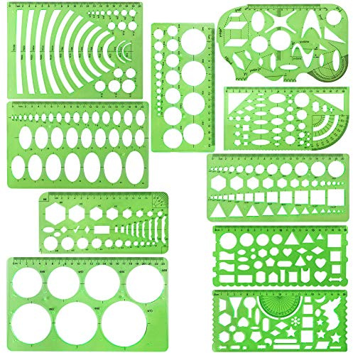 10 Pieces Green Plastic Drawings Templates Measuring Templates Geometric Rulers for School and Office Supplies