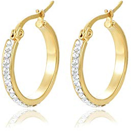 Yumay Pendientes de aro chapados en oro amarillo de 9 quilates con cristales para mujer, aretes de aro redondos de 20 mm para niñas., Medio, Latón, Circonita cúbica