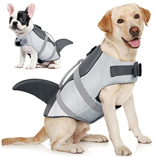 AOFITEE Dog Life Jacket, Shark Dog Life Vest for Swimming Boating, High Flotation Pet Lifesaver with Rescue Handle, Reflective French Bulldog Lifejacket, Life Jackets for Small Medium Large Dogs, M