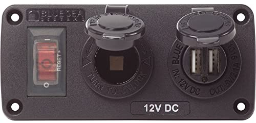 Blue Sea Systems 4363 Water-Resistant Accessory Panels, 15A Circuit Breaker, 12V Socket, 2.1A Dual USB Charger