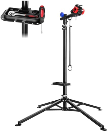 tectake® Pied d'atelier vélo pliable, Support de montage, Charge Max. 25 Kg | Compatible cadres de vélos courants, Hauteur réglable, Pivote à 360°, Barre de stabilisation guidon, Plateau à outils inclus