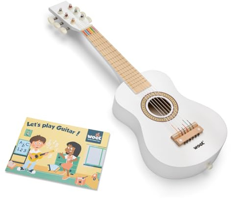 Woet® Guitarra de Juguete Blanca de Madera para Niños, 6 Cuerdas de Nailon con Correa, Cuerda de Repuesto y Libro Musical de Colores con 3 Canciones, Instrumento Educativo, A Partir de 3 Años