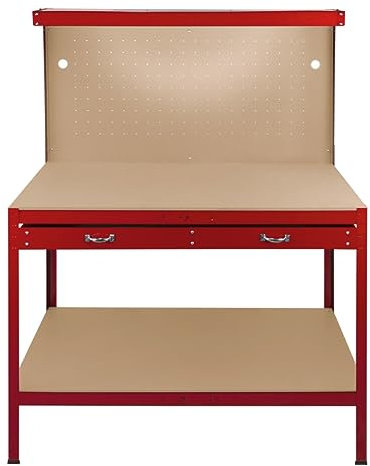 Banco de Trabajo Rojo con Tablero de Clavijas,Cajón+Luz LED, Mesa de Trabajo Estantes Taller Garaje Bricolaje Almacenamiento Herramientas Capacidad Peso 370kg | 40 Ganchos+Mazo de Goma | 60x155x120cm