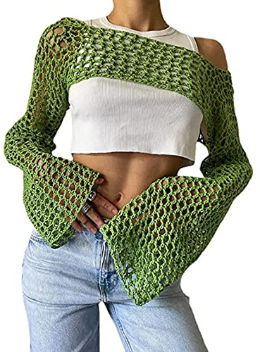 Aimiray Jersey de Punto Y2K para Mujer, Sexy, de Malla, para Playa, Cubierta Transparente, Manga Larga, para Mujer