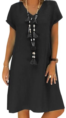 Sommerkleid Damen Leinen Kleider Casual V-Ausschnitt Midikleid Kurzarm A-Linie Kleid Strandkleid Ohne Zubehör (A Schwarz, XXL)