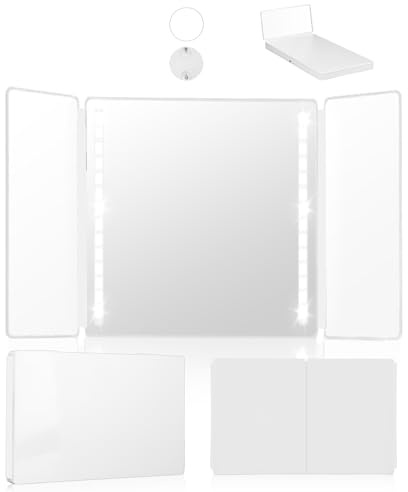 Xespis 360-ljus spegel, LED, 3-sidig, vikbar, justerbar höjd, 10 x förstoringsspegel, 360 cm, frisör/kvinnor, för frisyr, rakning, smink (vit)
