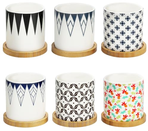 Hivexagon 6er-Pack Keramik Blumentöpfe mit Ablauflöchern und Bambustablett – Perfekt für Sukkulenten, Blumen, Kakteen und Heimdekorationen (Pflanzen Nicht enthalten)