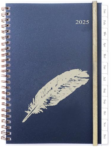 Kalender 2025 A5 Wochenplaner Deutsch, 1 Woche 2 Seiten mit Tabs, Tasche, Mehr Notizen Kontakt Seite, Gummiband, Spiralbindung, Buchkalender Terminplaner, Planer Ringbuch Jan 2025-Dez 2025, Feder