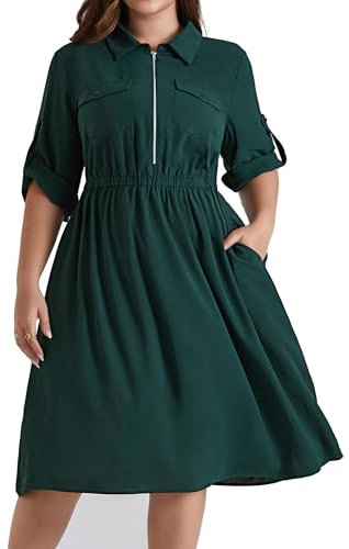 Hanna Nikole Damen Große Größen V-Ausschnitt Revers A Linien Midikleider Verstellbare 3/4 Ärmel Sommerkleider Elastische Taille Lässige Kleider Mit Taschen Dark Green 46