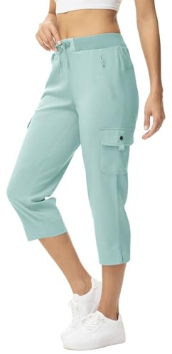 donhobo Womens Cargo Hiking Walking Trousers,Capri Cropped Shorts Trouser Women,Ladies Lightweight Summer 3/4 Length Pants Elasticated Waist Short Quick Dry with 4 Pockets Grey Blue XXL