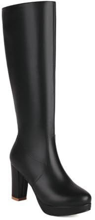 HQINGAXU Mujer Botas Altas Punta Redonda Tacón Grueso Botas De Invierno Cremallera Lateral Montar De Moda Plataforma Trabajo De Cuero Impermeable Botas hasta La Pantorrilla,Negro,37 EU