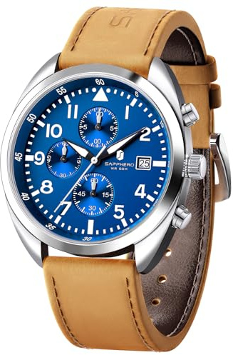 SAPPHERO Montre pour homme : Montre à quartz analogique avec bracelet en cuir, montre business classique pour homme, affichage avec chiffres arabes, lisibilité facile – montre décontractée à la mode