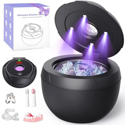 Seyuwise Máquina limpiadora ultrasónica de retención de 45 kHz para limpiador de prótesis dentales de 200 ml, protector bucal, alineador, protector nocturno, joyas, 4 modos de limpieza, temporizador