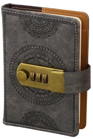 Journal Intime Code, Journal en Cuir PU avec 240 Pages, Vintage Diary avec Serrure pour étudiant Homme Femme, Mini Livre Carnet Secret Portable pour Bureau D'école Voyage ou Offrir, 15x13cm (Gris)