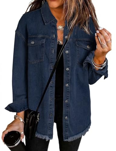 YGERGWE Womens Denim Jacket, Oversized Lightweight Jean Jacket Casual Button-Down Shacket, Ladies Long Sleeve Jean Shirt Top for Spring Autumn