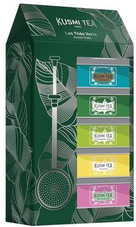 Kusmi Tea - Coffret Les Thés Verts + Pince à Thé - Assortiment de Thés Bio - Idée Cadeau Homme et Femme - Thé Vert à la menthe, Jasmin, Citron, Gingembre - Fabriqué en France - 5 Boîtes de 25g