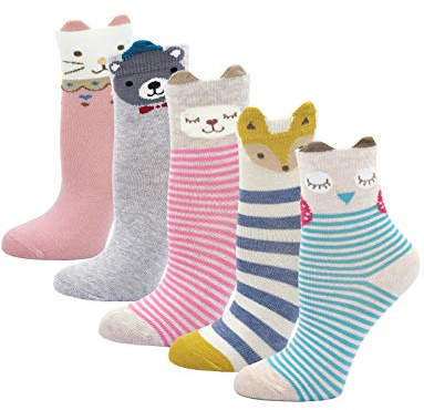 PUTUO Toddler Girls Socks Novelty Cotton Rich Crew Socks, Baby Girls Cute Animal Pattern Christmas Socks for Kids, 5 pairs, 5-7 Years, Animal Pattern-5 Pairs