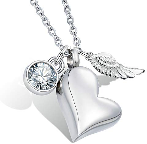 KnSam Edelstahl Urne Anhänger Halskette mit Geburtsstein Kristallanhänger Engel Flügel Asche Anhänger Herz Memorial Kette - April