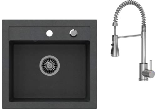 VBChome Handfat med kran 50 x 47 cm, svart, granit, tvättställ, enkeldiskbänk för kök, inbyggd diskbänk, kompositdiskbänk, spräcklig diskbänk, vattenkransarmatur