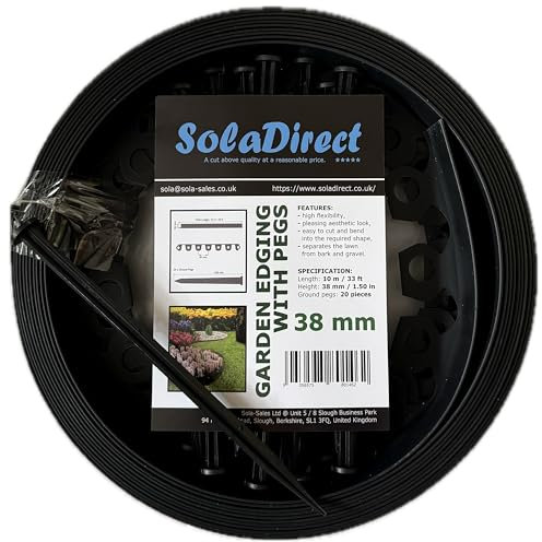 Grey Lawn Edging Border - 10 m / 33 ft Long Flexible Plastic Garden Edging & 20 Securing Pegs - Easy to Cut and Shape - Perfect for Flower Beds, Lawn, Pavement (38 mm High)