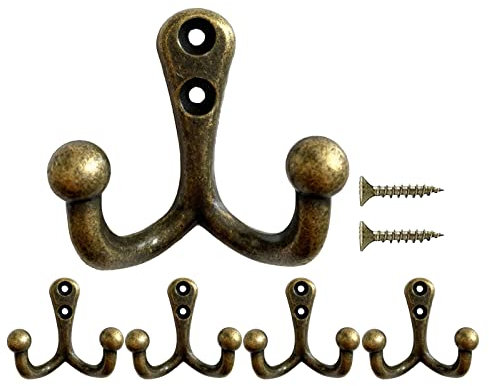 Mokife Ganci Appendiabiti Vintage Bronzo, 5 Pezzi Doppi Attaccapanni da Muro Anticato Metallo Gancio Rustici Ganci Appendi Cappotto per Vestiti, Vestaglia, Asciugamano, Cappello, Chiave