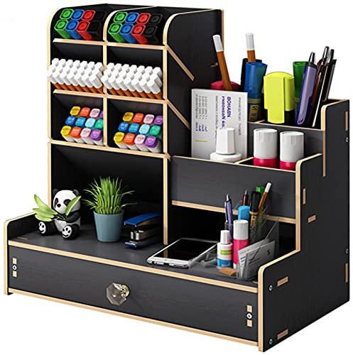 Marbrasse Wooden Desk Organiser,Pen Holer for Desk,Stationary Organiser,Desktop Storage Organizer Caddy (Black Wood)
